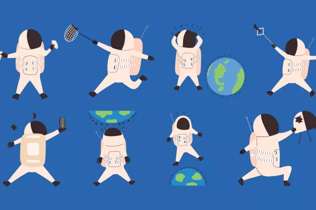 Tecknad illustration av astronautfigurer som fångar skräp i rymden 