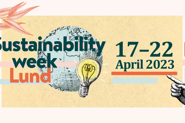 Text that says Sustainability week Lund 17-22 April 2023, against a yellow background. Illustrations of leaves, a hand that is pointing and a globe. Graphic illustration.