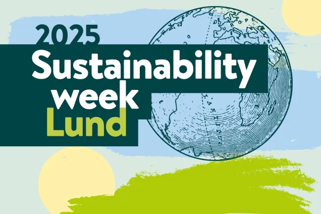 Text that says Sustainability Week Lund on blue and green background. Graphic design.