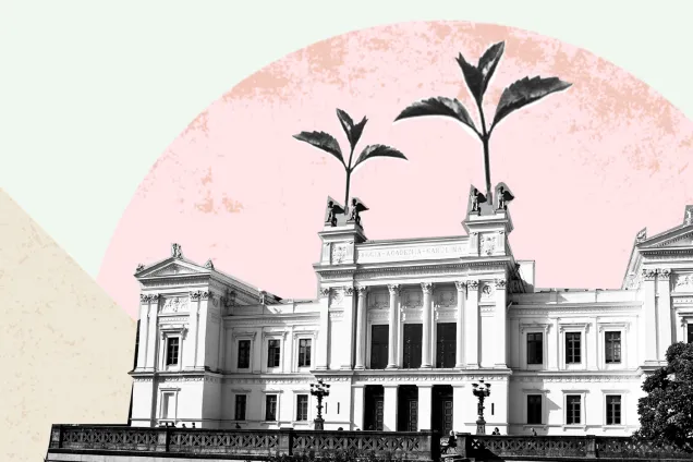 The Lund University building with plats growing out of the roof. Graphic design.