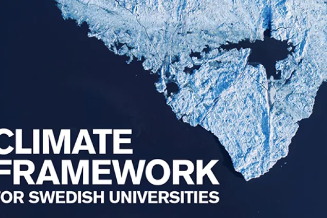 Photo form above showing icecaps in water, text in white that says Climate Framework. Collage.