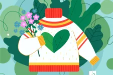 Tecknad illustration på en stickad tröja med ett hjärta på magen, omgiven av växtlighet