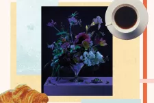 A foto of flowers, a coffee cup, a croissant. Collage.
