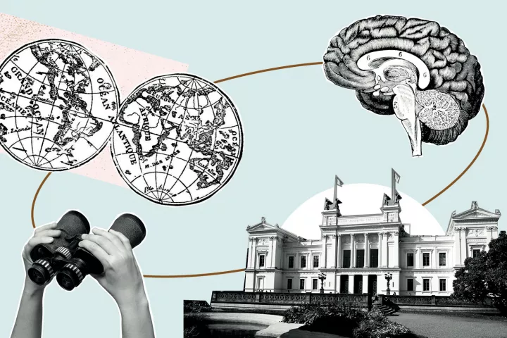 Illustration with a binocular, the globe, a brain and a building. 