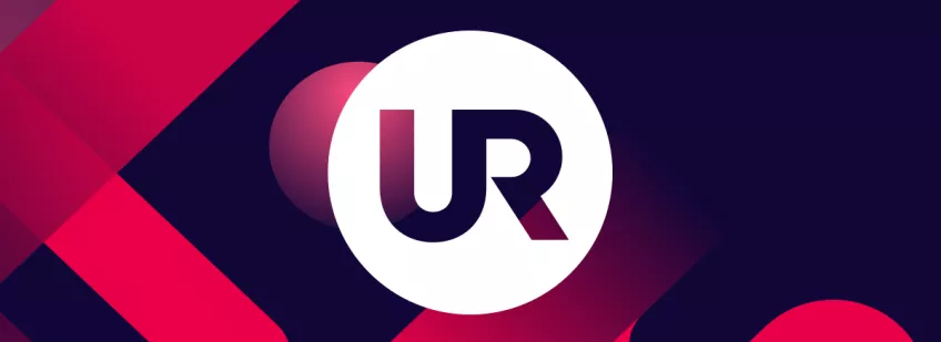 The UR logo against a pink and blue background. Graphic illustration.