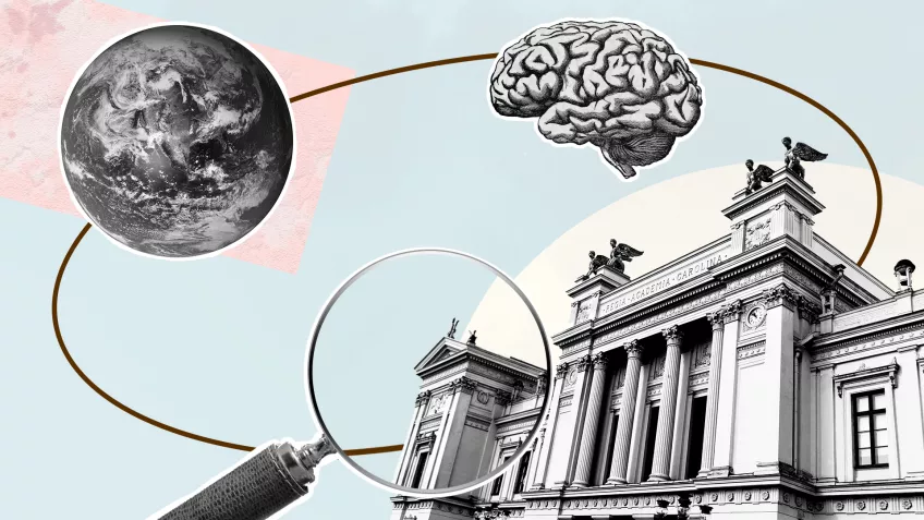 Illustration with a globe, a brain and a LU building, connected with a circle. Graphic illustration.