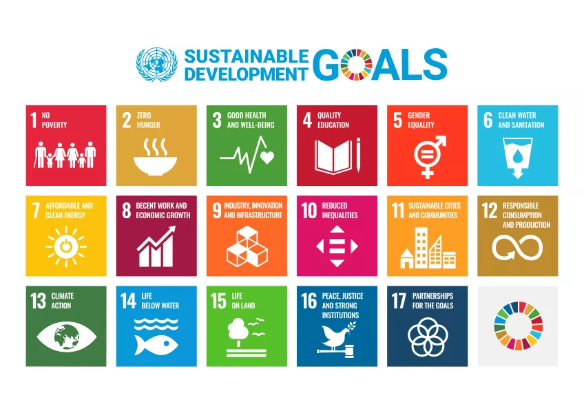 The Sustainable Development Goals image with all the 17 goals in different colour squares in three rows. Illustration.