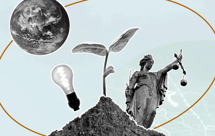 A globe, a light bulb, a sapling and a women holding scales within a circle. A picture.