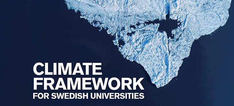 Photo form above showing icecaps in water, text in white that says Climate Framework. Collage.